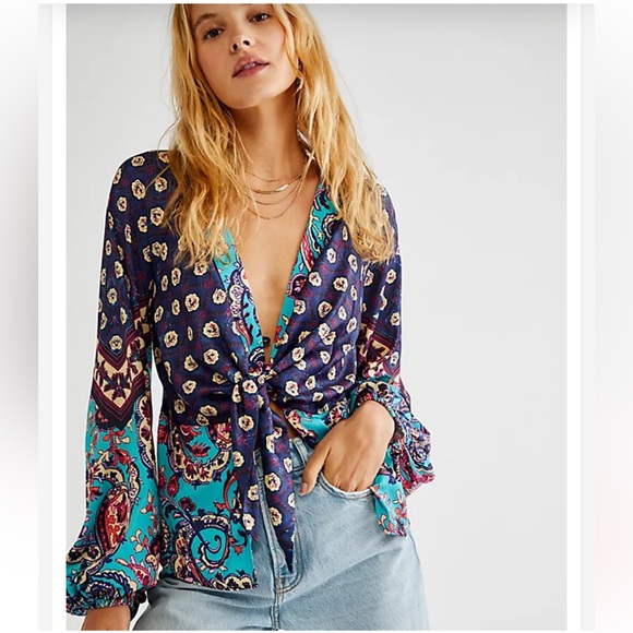 Free People Tops - Free People Run Free Blouse - Navy and Turquoise